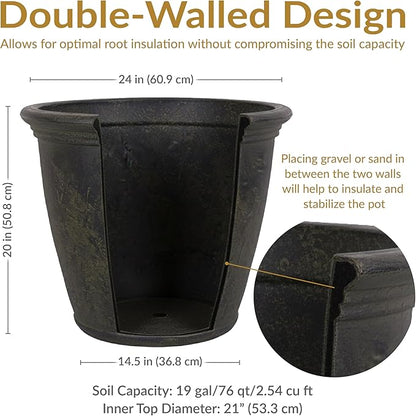 Sunnydaze 24-Inch Anjelica Large Plastic Pot for Plants - Outdoor Double-Walled Large Plastic Planter with Drillable Drainage Holes - Sable - 2pk