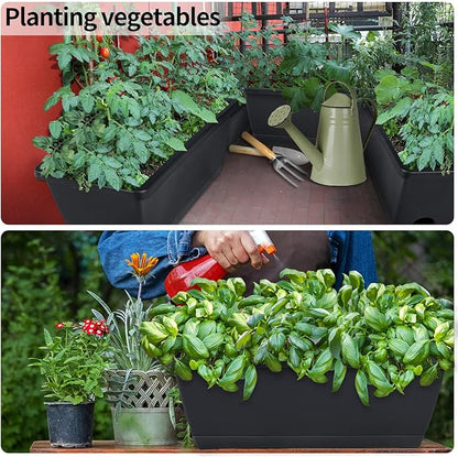 Window Box Planter, 10 Pack Plastic Vegetable Flower Planters Boxes 17 Inches Rectangular Flower Pots with Saucers for Indoor Outdoor Garden, Patio, Home Decor (Black)
