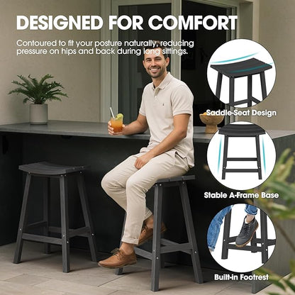 Ciokea 3 Pcs Compact Outdoor Bar Set, Space-Saving Round Bistro Set with 2 Backless Saddle Stools & Storage Shelf, All-Weather HDPE High-Top Table Set for Small Balcony, Patio and Poolside, Black
