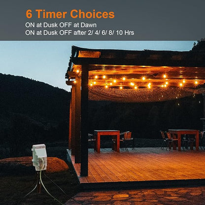 SURAIELEC Outdoor Power Stake Light Timer, Dusk to Dawn, 6 Electrical Outlet Power Strip Weatherproof, 6FT Extension Cord Multiple Outlet for Patio Lights, Sprinkler, Garden, Christmas Decorations