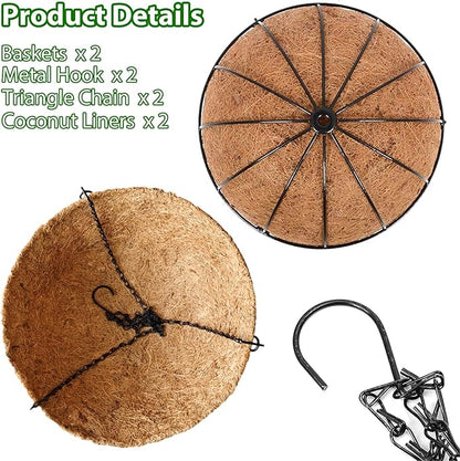 Hanging Baskets Planter for Plants - 2 Pack 10 Inch Metal Baskets with Coco Coir Liner, Hanging Flower Pots for Outside with Chain, Indoor Outdoor Garden Porch Decoration (10'' Pack of 2)