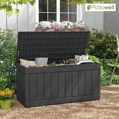 Patiowell 82 Gallon Resin Deck Box, Waterproof Large Wood Look Storage Box for Patio Furniture, Pool Accessories, Garden Tools and Sports Equipment, Lockable, Black