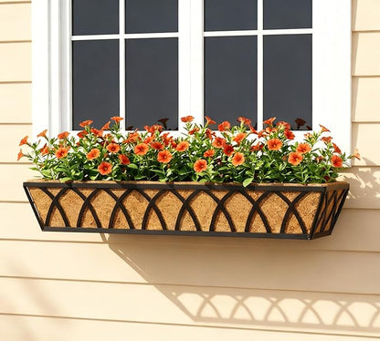 Y&M 30 Inch Window Deck with Coco Liner, Fence Metal Hanging Flower Planter Basket Deck Railing Planter Boxes for Outdoor Garden Lawn, 24" Window Boxes Horse Trough with Coconut Coir Liner,2pcs