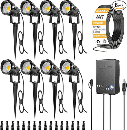 ZUCKEO All-in-One Landscape Lighting Kit, 5W LED Low Voltage Landscape Lights with Transformer and 80FT Wire, Waterproof Outdoor Spotlight with Connectors for Yard Garden House, 3000K 12-24V 8Pack