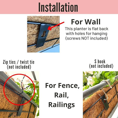 LaLaGreen Wall Hanging Planter - 4 Pack, 24 Inch Large Black Window Flower Basket Boxes Outdoor Attach House, Rectangular Deck Railing Hanging Pot with Coco Liner Over Rail Fence Balcony Patio Porch
