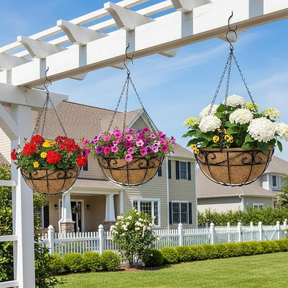 Outdoor Metal Hanging Planters Basket (4pack, 10 inch) Hanging Baskets for Plants Chain Round Wire Plant Holder with Coco Fiber Liners for Garden, Patio, Deck, Porch(Flower Border)