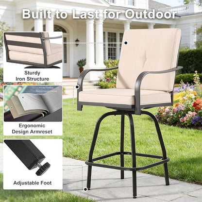 Patio Swivel Bar Stools Set of 4, Outdoor Bar Height Swivel Chairs with Cushions for Garden Balcony Backyard, Beige
