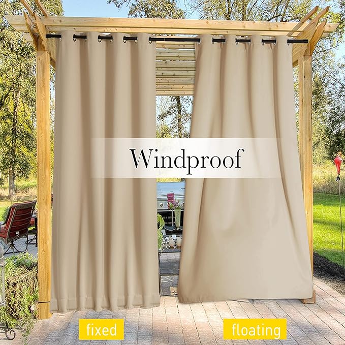 NICETOWN 2 Panels Outdoor Patio Curtains W100 x L84, Waterproof & Windproof Extra Wide Grommet & Back Tab on Top & Bottom Thermal Insulated Sun Blocking Drapes with Rope for Deck, Biscotti Beige