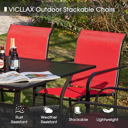 VICLLAX Patio Dining Set for 6, All Weather Metal Outdoor Furniture Set- 47" Round Patio Table and Chairs, Black Tabletop and Red Fabric