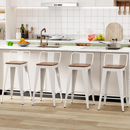 WENTMENT Bar Stools Set of 4 Counter Height Bar Stools Metal Barstools with Removable Back 26" Kitchen Bar Stools with Wooden Seat, Off White