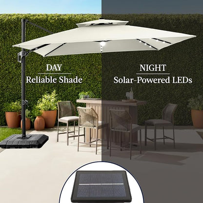 Best Choice Products 12x12ft LED Cantilever Patio Umbrella w/Base Included & 360° Rotation, Large Solar Offset Hanging Outdoor Sun Shade for Deck, Backyard Table w/Stand & Lights – Ivory