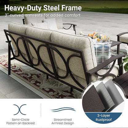 RoyalCraft Patio 3 Seats Sofa, All-Weather Outdoor Couch, Patio Furniture Sofa, Khaki Metal Chair with Beige Cushions