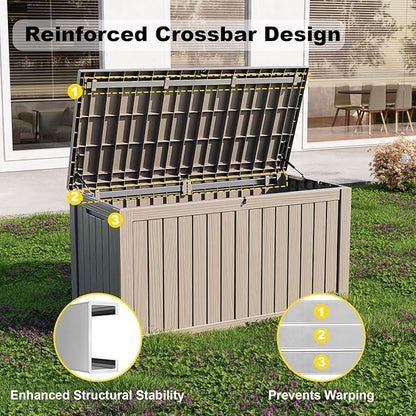 ROJIK Outdoor Storage Housing Deck Box - Waterproof Patio Furniture, Garden Tools, Cushions, Pool Accessories Storage Bench with Lockable Lid and Side Handles (Grey, 180 Gal)