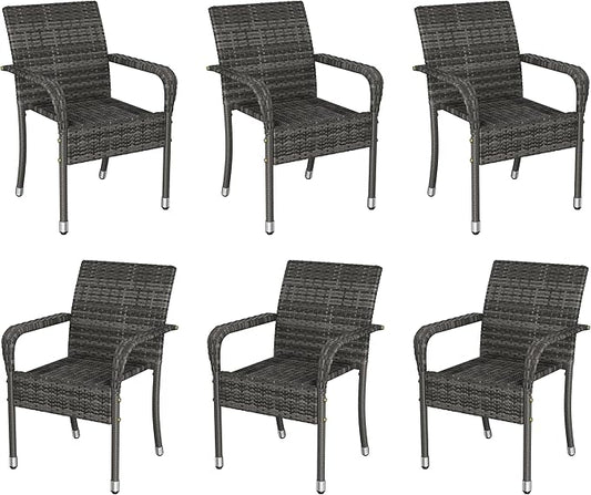 Yaheetech Set of 6 Stackable Outdoor Rattan Dining Chairs, All-Weather Armchair w/Armrests, Steel Frame for Garden, Patio, Deck, Yard, Poolside Gray