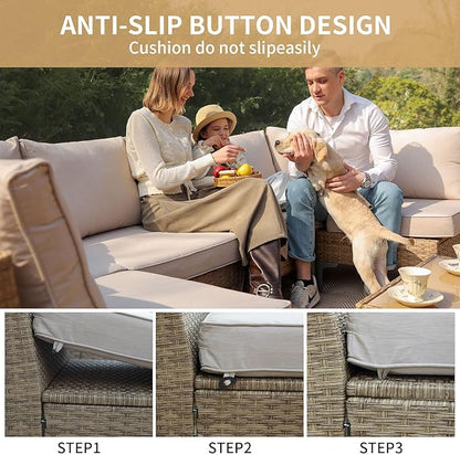 Jing's Villa 5-Piece Outdoor Patio Furniture Set,Ratten Conversation Sectional Sofa w/Coffee Table, All-Weather Patio Conversation Set with Thick and Anti-Slip Cushions for Backyard,Deck,Beige