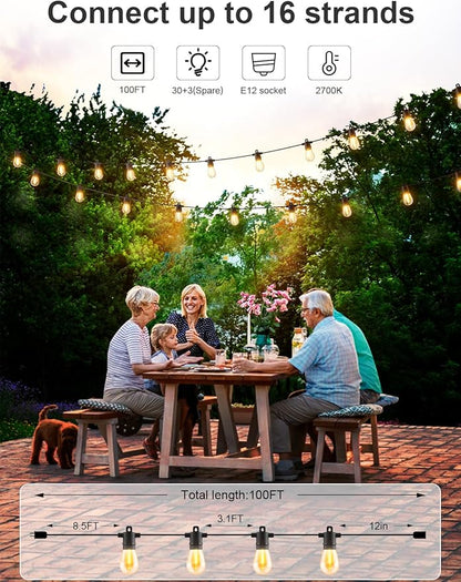 Svater Outdoor String Lights 100 FT, Patio for Outside with Shatterproof S14 Bulbs, Waterproof LED Hanging Light for Cafe Backyard Bistro Party, Warm White