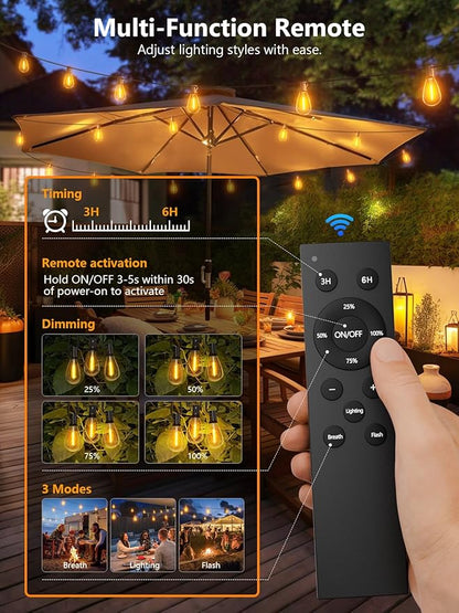 luckystyle 100FT LED Outdoor String Lights with Remote, 35+ 1 Shatterproof Bulbs Waterproof and Dimmable Patio Lights for Porch, Garden, Backyard, Deck, Balcony, 2700K Hanging Lighting
