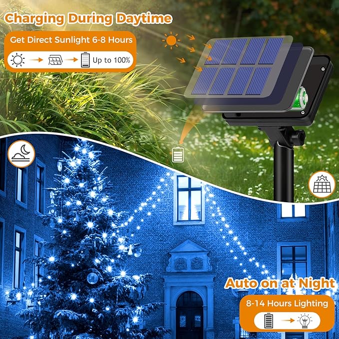 4 Pack Solar String Lights for Outside - 320LED 132FT Solar Fairy Lights Outdoor Waterproof 8 Modes, Copper Wire Solar Powered Twinkle Lights for Tree Garden Christmas Wedding Party Decor, Blue