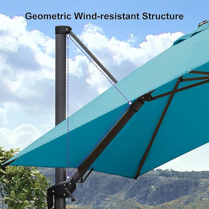 PURPLE LEAF 8.8' X 8.8' Right-left Tilt Patio Umbrella with Base Outdoor Cantilever Swivel Square Umbrella with Tilt Aluminum Offset Umbrella with 360-degree Rotation for Garden Deck Pool Patio Turquoise Blue