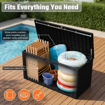 Greesum 110 Gallon Outdoor Storage Box with Lockable Lid, All-Weather Solution for Patio Furniture, Pool Supplies & Garden Tools, Waterproof, UV-Resistant Large Deck Box, Black