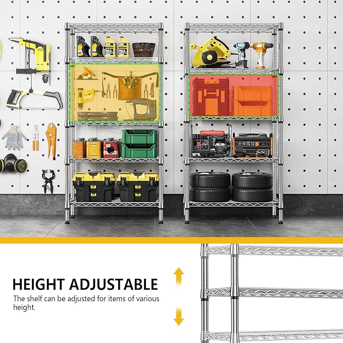 1250 lbs 5 Tier Shelf Metal Storage Shelves Shelving Wire Rack Heavy Duty Closet Organizers for Garage Kitchen Bathroom Laundry Chrome 13.8" D x 29.5" W x 59.5" H