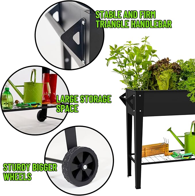 Elevate 32" Tall Raised Garden Bed Outdoor with Wheels & Shelf for Mobility, 400LBS Capacity, Anti-Rust Steel Planter Box for Vegetables/Herbs, Patio-Balcony-Backyard