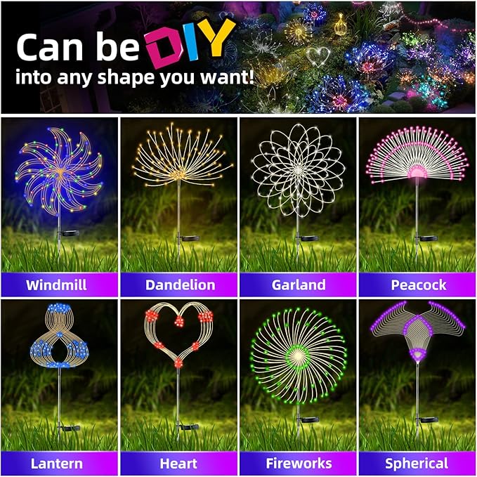 YOTOZU 2 PCS Solar Firework Light, Outdoor Solar Garden Decorative Lights 120 LED Powered 40 Copper Wires String DIY Landscape Light for Walkway Pathway Backyard Christmas Decoration Parties (Blue)
