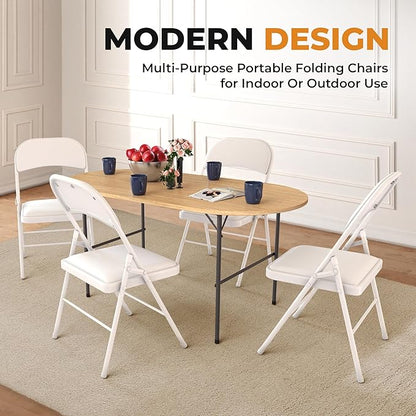 8 Pack Leather Chair | Foldable & Stackable | 350 lbs Capacity Steel Frame Seats for Indoor or Outdoor | Commercial Use Events Wedding Party Events Bulk Picnic Kitchen Dining - White