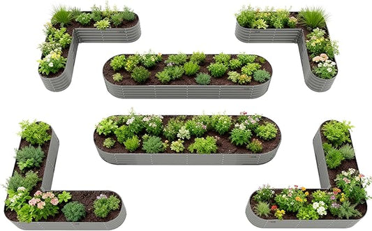 A ANLEOLIFE Set of 6, 18 Inch Tall Quartz Grey Raised Garden Beds Kit, Heart-Shaped & Long Oval Planters for Creative Garden Layouts.