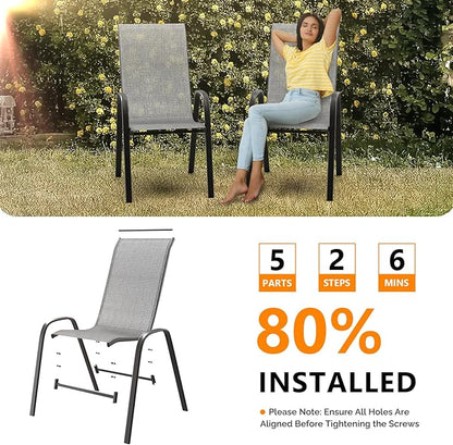 VINGLI Patio Chairs Set of 8 – Stackable Outdoor Dining Chairs with Comfortable Sling High Back Chairs and Armrests for Lawn, Poolside, Courtyard, Balcony, Garden, Silver Gray