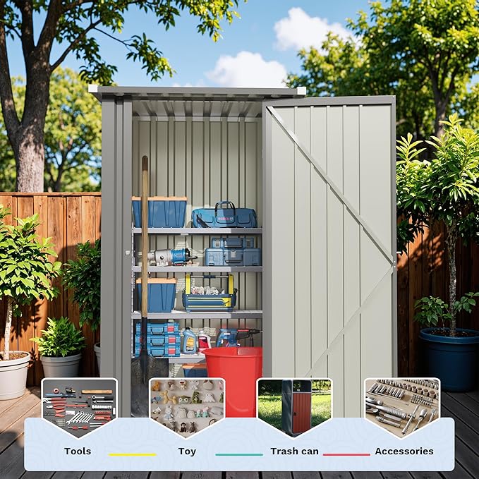 Devoko 3x3 FT Outdoor Storage Shed, Small Garden Tool Shed with Single Lockable Door, Metal Tool Storage Shed with Sloping Roof, Outside Shed for Backyard Patio Lawn, Gray