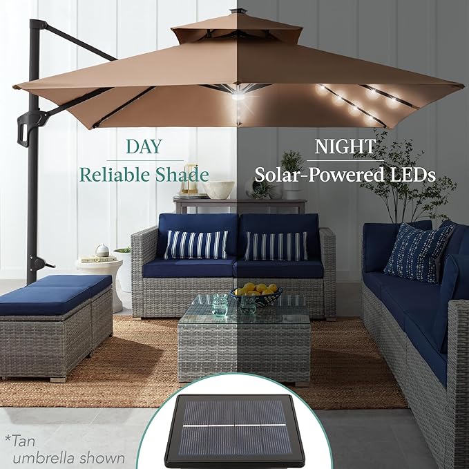 Best Choice Products 10x10ft Cantilever Patio Umbrella w/Base Included, Solar LED Lights 360 Rotation Large Offset Hanging Outdoor Shade for Deck Pool Backyard w/Stand – Seaglass