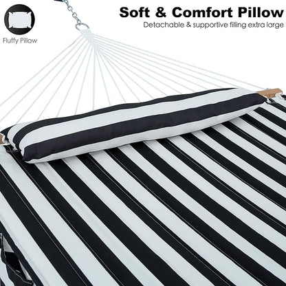 2 Person Hammocks for Outside, Double Quilted Fabric Outdoor Hammock with Spreader Bar, Large Removable Pillow, Storage Pockets, Carabiners, Max 475 lbs Capacity (Black White)