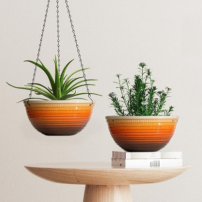12 inch Hanging Planters for Indoor Outdoor Plants, 2 Pack Large Hanging Flower Pots with Drainage Holes and Chain, Glazed Hanging Baskets for Home Garden Decoration, Orange