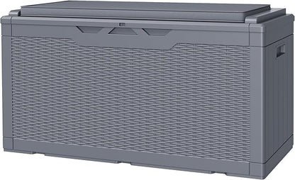 JUMMICO 100 Gallon Resin Deck Box with Cushion, Waterproof Outdoor Storage Box with Lockable Lid for Garden Tools, Patio Cushions (Gray)