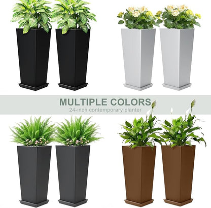 24" Tall White Planters for Outdoor Plants Set of 2, Large Flower Pots Planters with Drainage Holes & Tray, Modern Indoor Tapered Tall Planter for Front Porch