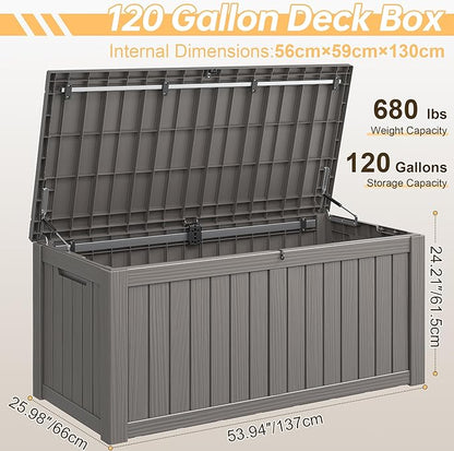 Outdoor Storage Box, Resin Deck Boxes Indoor and outdoor, Waterproof Storage Box Lockable Lid (Grey, 120 Gallon)