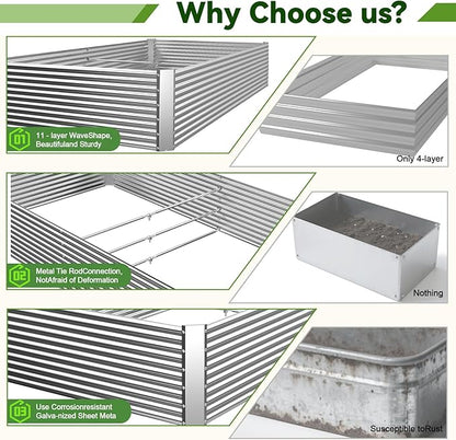 2 Pack Tall 8x3FT Raised Beds for Gardening, Corrugated Galvanized Steel Raised Garden Bed, Outdoor Metal Above Ground Garden Bed for Vegetables and Flowers(Rectangular)