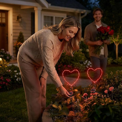 Solar Heart Garden Stake Light with Copper Wire LED - Red Light - Metal Frame Valentine's Day Outdoor Decor for Yard Patio Pathway - Waterproof Red Heart Shaped Solar Lights, Lawn Decor, Gift