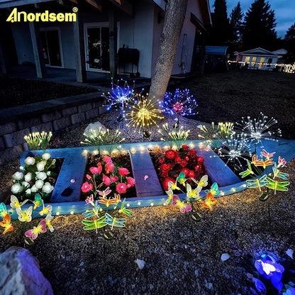 Anordsem Solar Garden Lights Outdoor: 8 Removable Fiber Optic Fabric Butterflies 4 Pack - Waterproof Fun Animal Decoration for Yard Patio - Gardening Gifts for Garden Lovers