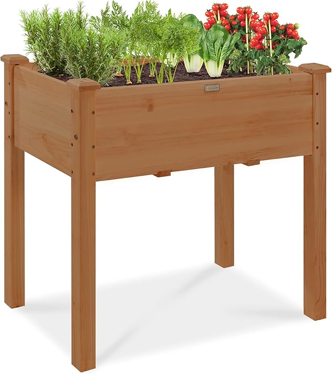 Best Choice Products 34x18x30in Raised Garden Bed, Elevated Wood Planter Box Stand for Kids, Backyard, Patio, Balcony w/Bed Liner, 150lb Capacity - Acorn Brown