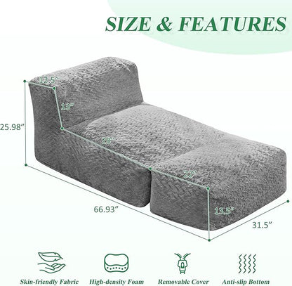 Hobestluk Bean Bag Chair Big Bean Bag Lounger for Adults Bean Bag Couch with Memory Foam Filled for Living Room, Bedroom or Balcony (Chevron Plush Grey)