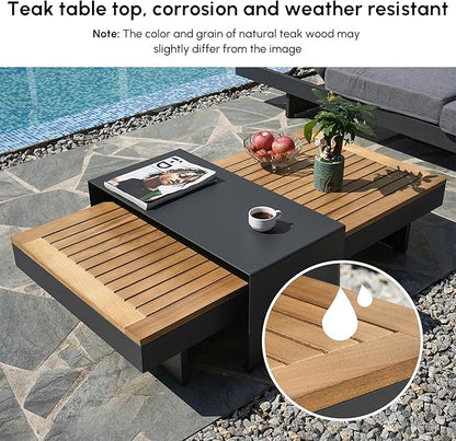 homary 6-Piece Modular Outdoor Sofa Set, Aluminum & Teak Patio Conversation Set with Waterproof Covers, Adjustable Backrests, Fade-Resistant Cushions for Patio or Balcony