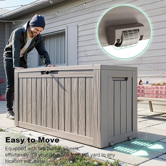 75 Gallon Waterproof Outdoor Storage Box,Resin Deck Box,Lockable Outside Storage Box Container for Patio Furniure,Garden,Pool Tools (75 Gallon,Grey)