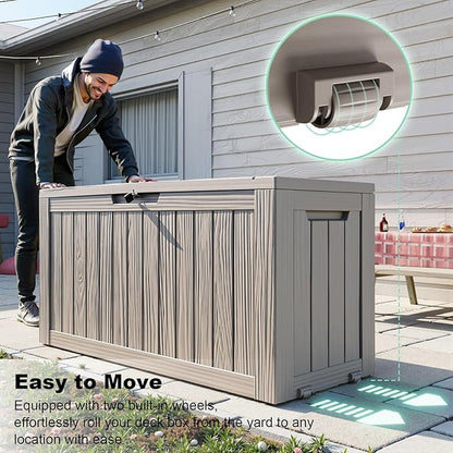 EasyUp 90 Gallon Outdoor Deck Box Waterproof, UV Resistant Resin Outdoor Storage Box for Delivery, Porch, Patio and Garden, Gray