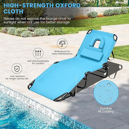 GYMAX Tanning Chair, 350lbs Beach Lounge Chair with Face Hole, Washable Pillow & Carry Strap, Adjustable Folding Chaise Lounge, Layout Lounger for Outside, Patio, Poolside, Lawn (2, Arctic)