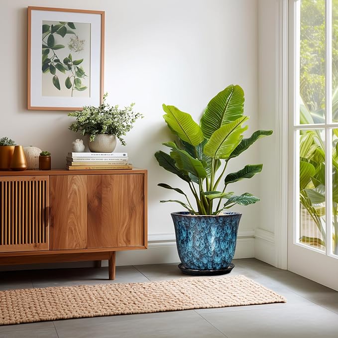 Ceramic Plant Pots - 12 Inch Pots for Plants Indoor Outdoor, Large Round Planter with Drainage Hole and Saucer, Modern Decorative Flower Pot, Home Garden Decor, House Warming Gifts, Blue