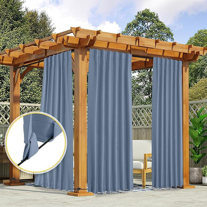 NICETOWN 2 Panels Outdoor Curtains Waterproof Pocket & Back Tab on Top & Bottom, Thermal Insulated Fixed Windproof Outdoor Drapes Privacy for Patio with Rope for Fixed, W52 x L95, Stone Blue