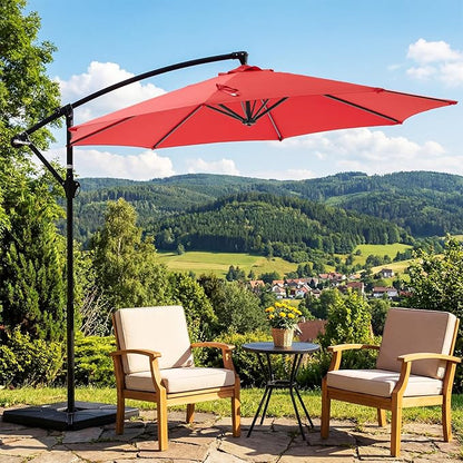OLIXIS 9.7FT Offset Patio Umbrella with Base, Cantilever Table Umbrellas for Outdoor Sun Shade UV Protection with Easy Tilt Adjustment, 8 Ribs for Backyard, Lawn, Garden, Pool - Red