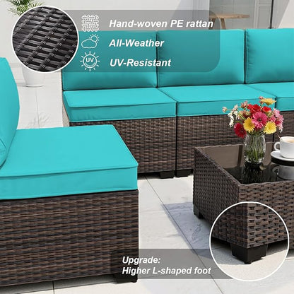 ALAULM Patio Furniture Set with Fire Pit Table 55000 BTU, Outdoor Sectional with Wide Seat and Thick Cushion, 8 Piece Wicker Rattan Conversation Set with Coffee Table for Garden, Deck, Turquoise